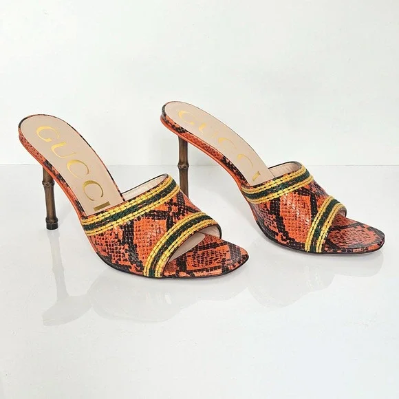 Gucci Bamboo Heel Slide Sandal Heels Orange Python Leather Size 39 Made in Italy - Picture 10 of 10